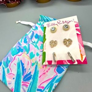 NWT $58 Lilly Pulitzer Earrings set of three hoop gold crystal stud dustbag